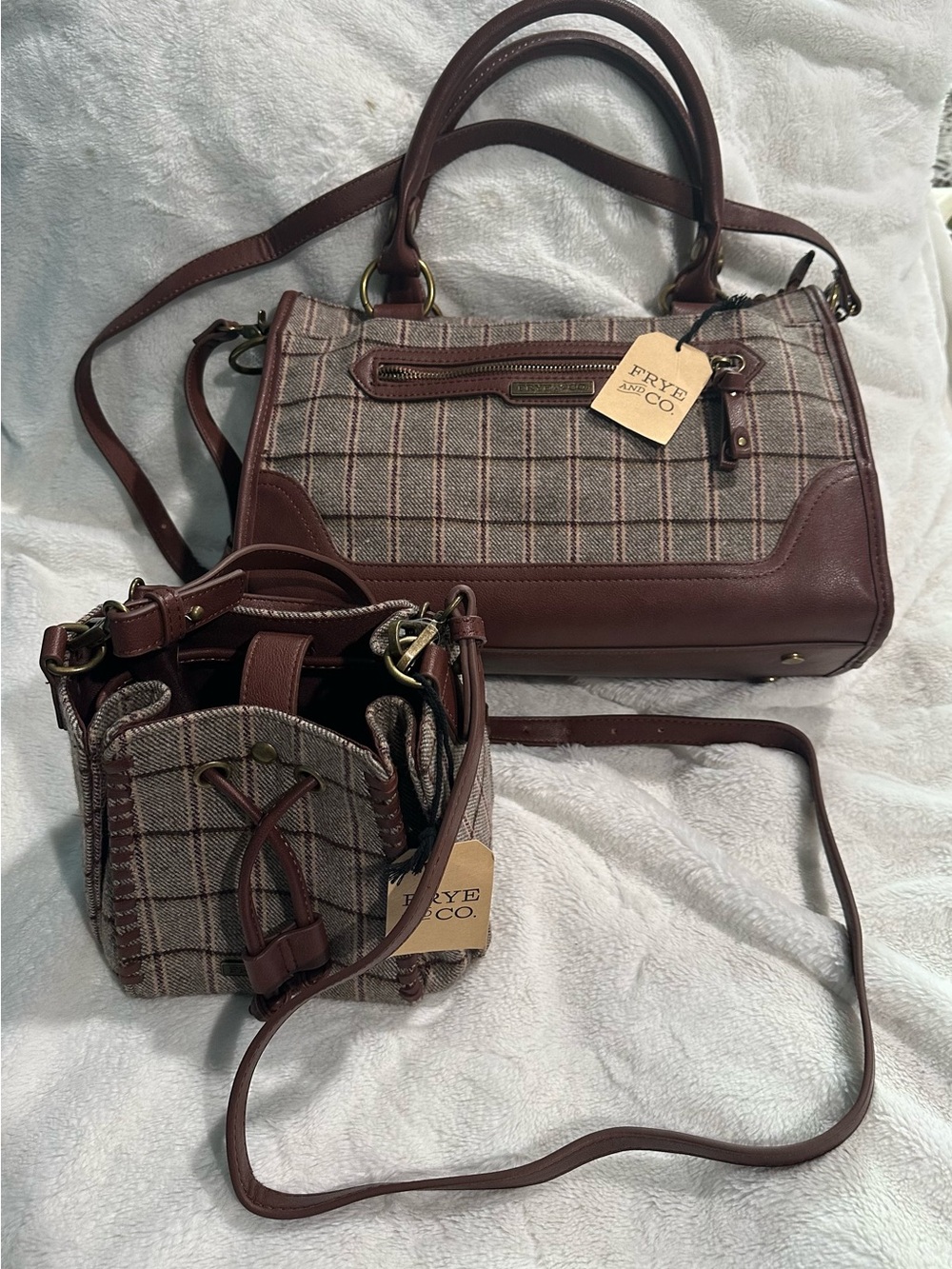 Frye Brown Plaid Leather-Trim Mini Bucket & Satchel Set